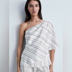 Mango Asymmetrical Top White Sating Black Stripes  Woman’s XS NEW NWT